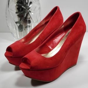 Red Suede Peep-Toe Platform Wedges